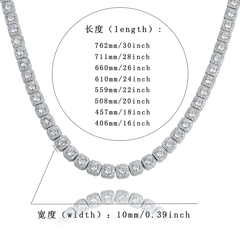 10mm Gold Color Hip Hop Bling Iced Out 1 Row Square AAA CZ Stone Tennis Chain Cubic Zirconia Chokers Necklaces for Men Jewelry