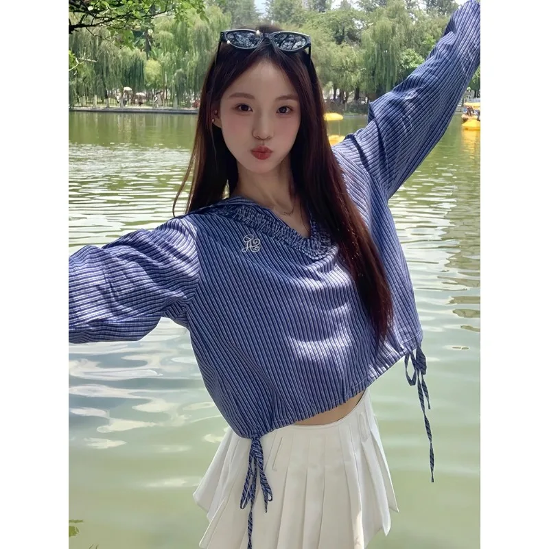 Chemise à carreaux à manches longues pour femmes, col en v, Style Preppy doux, chemise à bandes Y2K, pull brodé, mignon, confortable, haut pour femmes, printemps