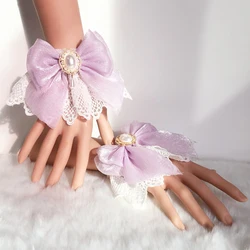 Lolita Hand Wrist Cuffs Double Layer Floral Lace Bow Bracelet Wristband Imitation Pearl Japanese Maid Cosplay Sleeve Accessories