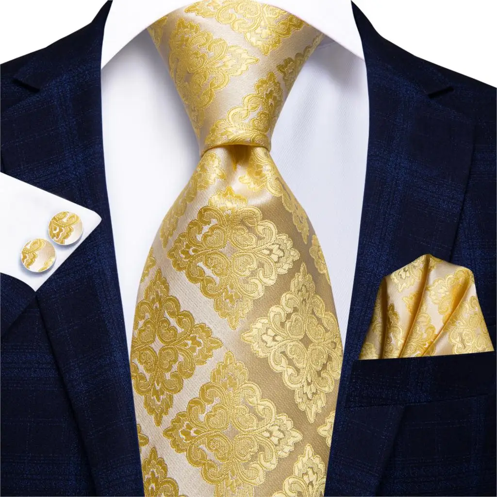 Hi-Tie Luxury Floral Paisley Mens Yellow Gold Tie Gravata Nicktie For Men Business Wedding Necktie 8.5cm Wide Dropshipping