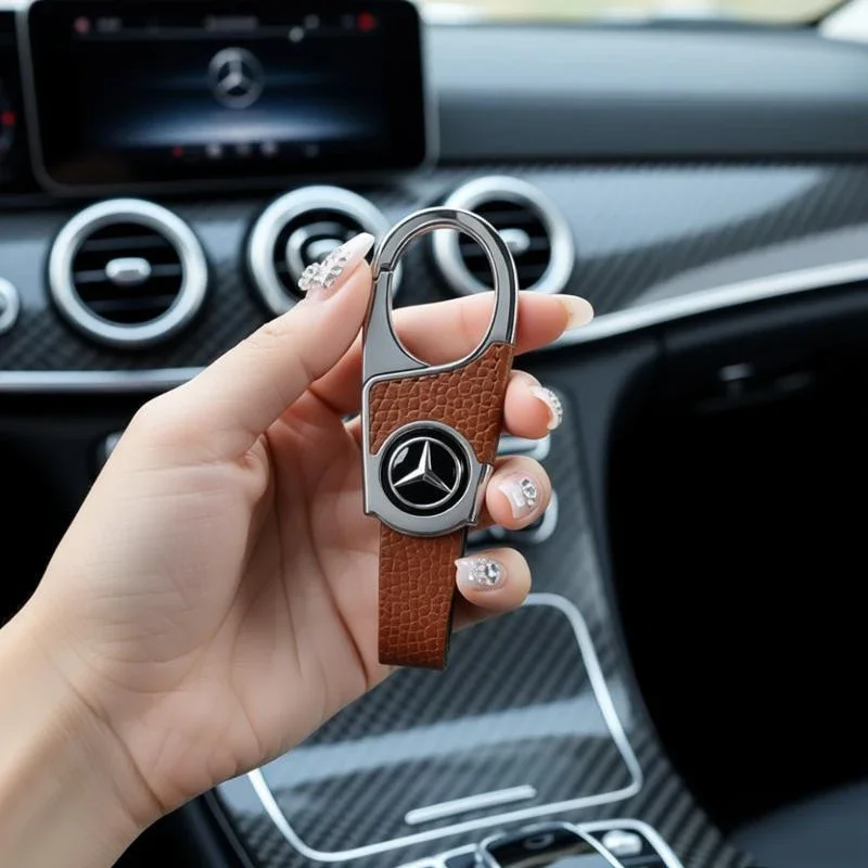 Keychain for Mercedes Benz AMG C63 E63 G63 GLK GLS S63 W167 W124 W204 W205 W212 Business Leather Strip Car Logo Keyring Pendant