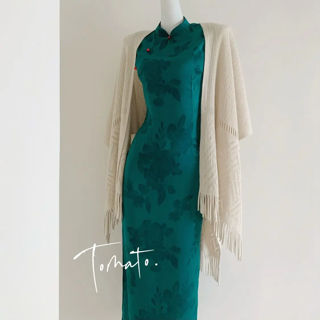 Peacock Blue Green National Style Standing Collar Buckle Dress For Women'S Summer New Jacquard Satin Cheongsam