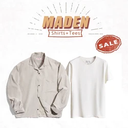 Maden French Vintage Long Sleeve Cuban Collar Shirts and T-shirt Men's Casual Button Down Plain Shirt White Tees 2 Piece Tops