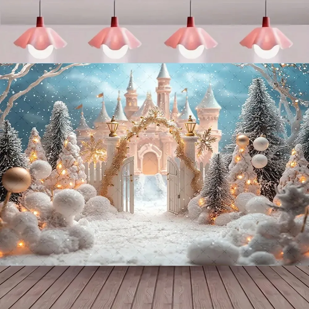 

Christmas Wonderland Snow Castle Photography Background, Christmas Tree Children Family Party Decoration Photography Background