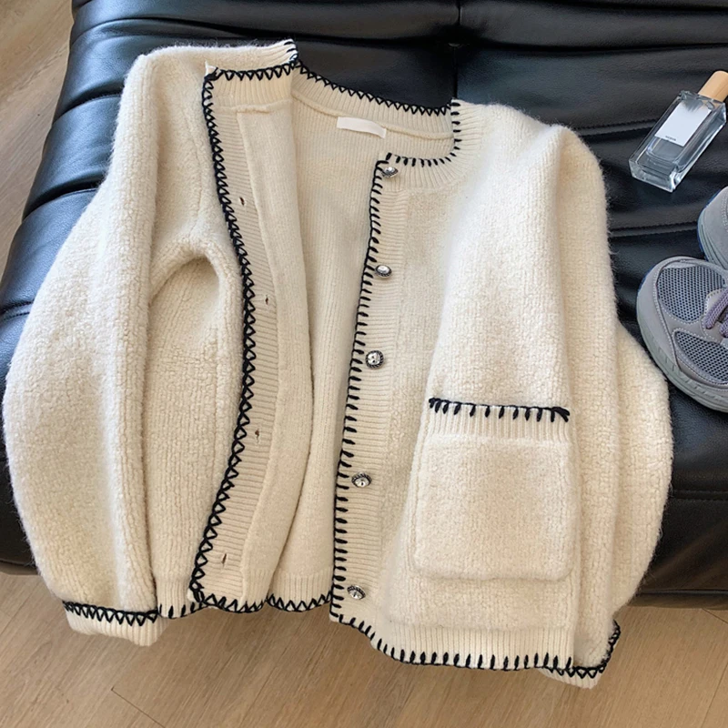 Autumn Winter Color Blocking Soft Women's Sweater Chic O-Neck Single Breasted Knitted Coat Elegant Long Sleeve Cardigan Tops