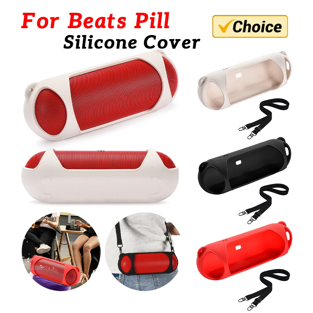 Carrying Silicone Cover Case Silicone Anti-Drop Protective Skin Sleeve with Shoulder Strap for Beats Pill Wireless BT Speaker