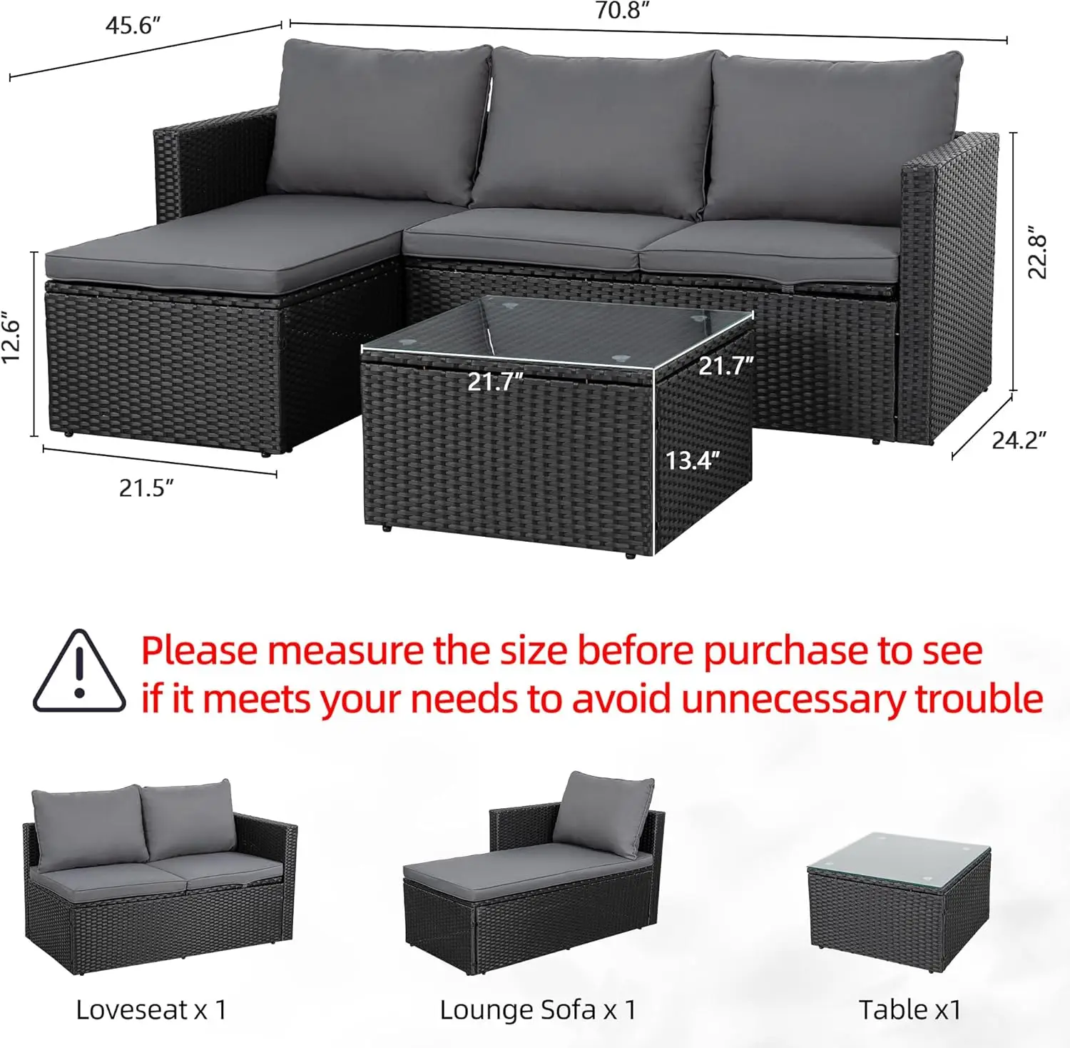 Gartenmöbel-Sets, kleine Sofa garnitur 3-teilige Allwetter-Korbs ofas mit Glas-Couch tisch und Kissen