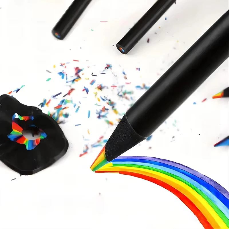 6 Stück 7-in-1 Regenbogen-Kern-Buntstifte aus schwarzem Holz zum Skizzieren, Kritzeln, Ausmalen, Malen, Kunst, Schule, Büro, Schreibwaren