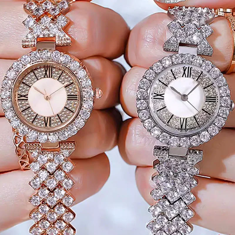 Women\'s Quartz Watch Fashion Luxury Roman Pattern Diamond Ladies Quartz Watch Women Double Layer Diamond Bracelet Ladies Watch