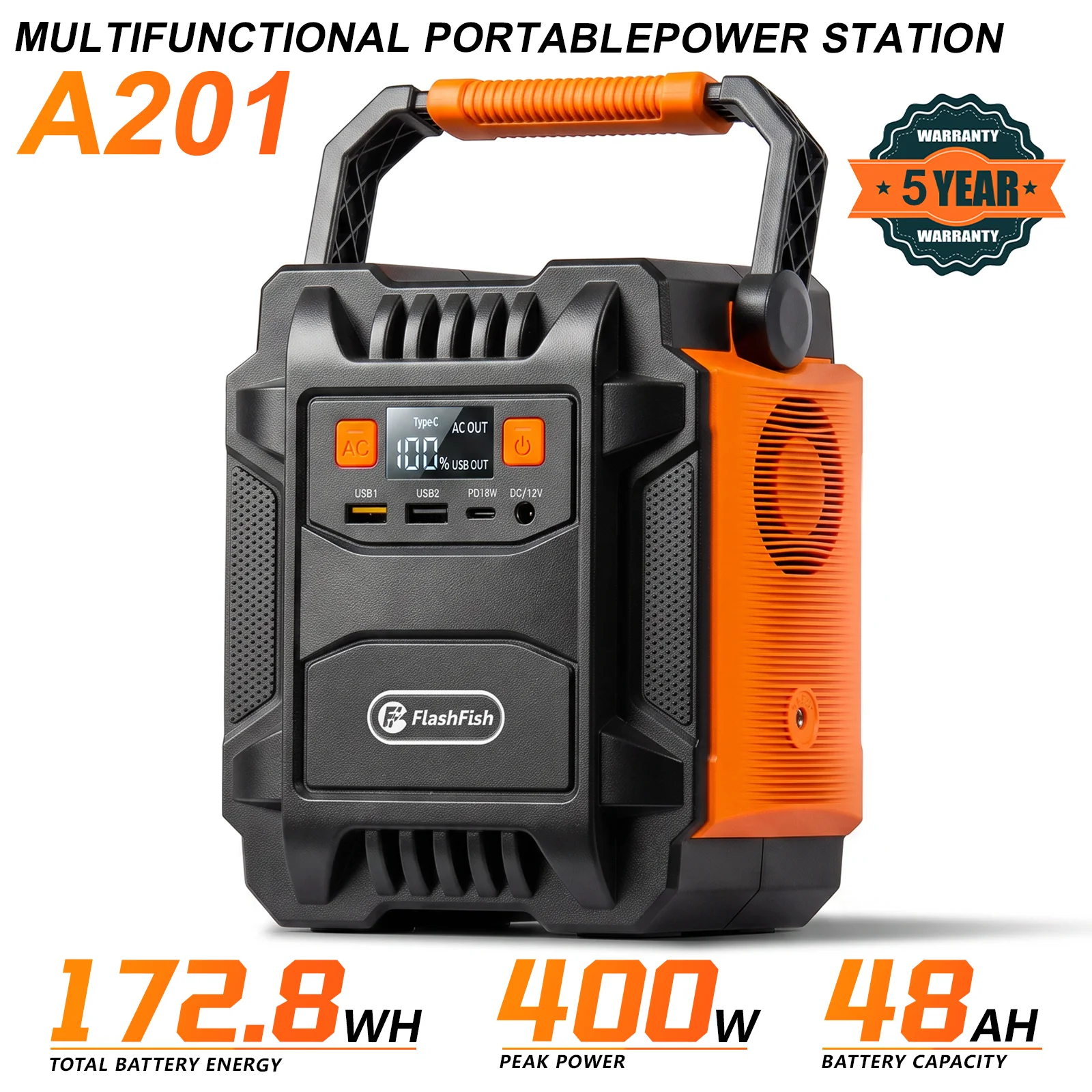 A201 Portable Power Station 200W Continuous 400W Peak 172Wh Outdoor Solar Generator USB-C DC AC Power Supply Camping Emergency Backup Power Bank