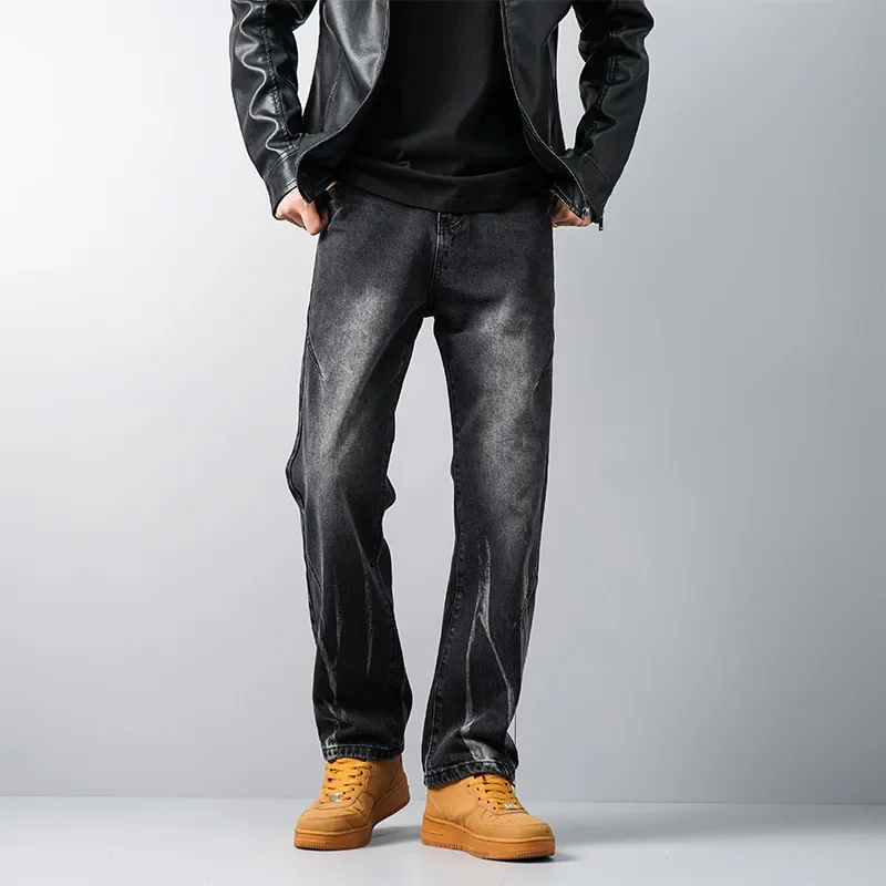 

Pop Four Seasons Men's American Vintage Casual Loose Washed Black Loose Jeans Pants Straight Gradient Color Denim Trouser Street