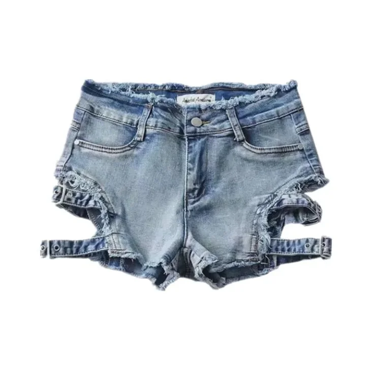 Pantalones cortos de mezclilla de cintura baja con un solo pecho y lazos con cremallera, pantalones cortos de mezclilla de estilo picante y sexy de verano para mujer
