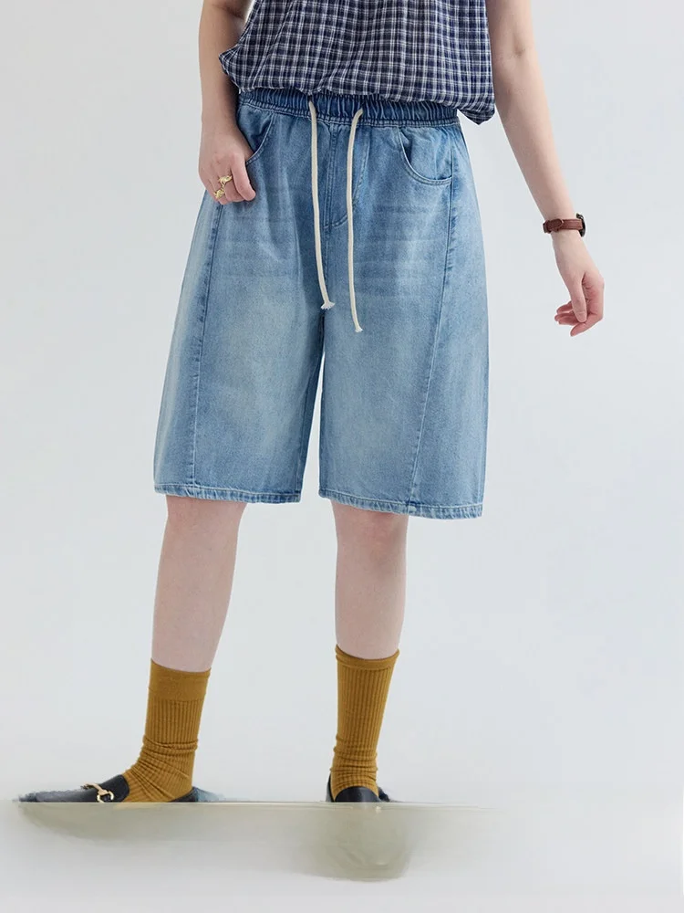 

Синие джинсовые шорты на резинке с завязками, женские летние новые повседневные широкие брюки-бермуды с высокой талией, в городском стиле