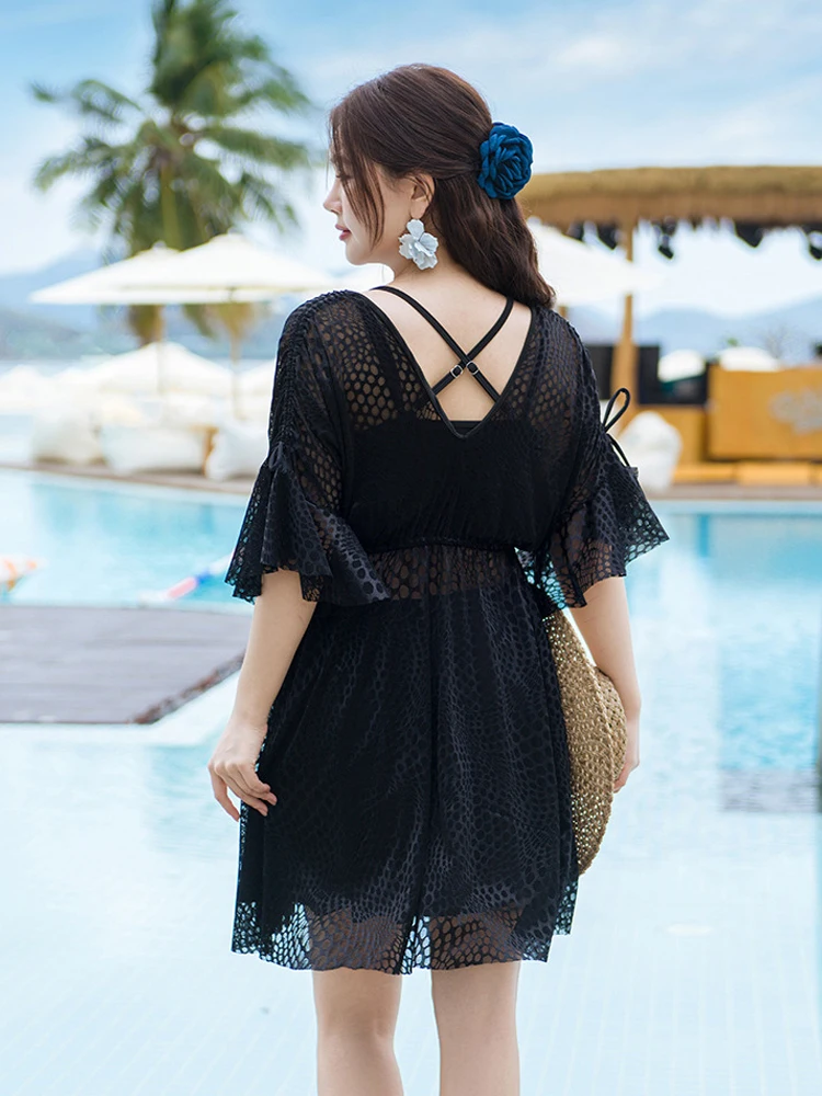 Plus Size 3pcs Women Swimsuit Up To 150KG Hollow Lace Cover Dress High Waist Skirt Tank Bikini Spa Hot Spring Beach Bathing Suit