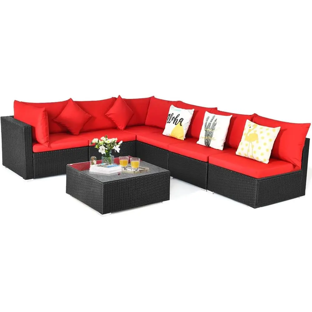 

6-Seat Outdoor Rattan Patio Furniture Set with Coffee Table, Cushions, Ideal for Garden, Balcony, or Poolside in Red