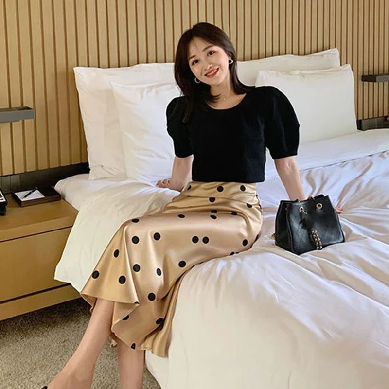 Lucyever Silk Satin High-Waisted Skirt For Women Summer Elegant Dot Printing Long Female Korean Office A-Line Skirts MN1