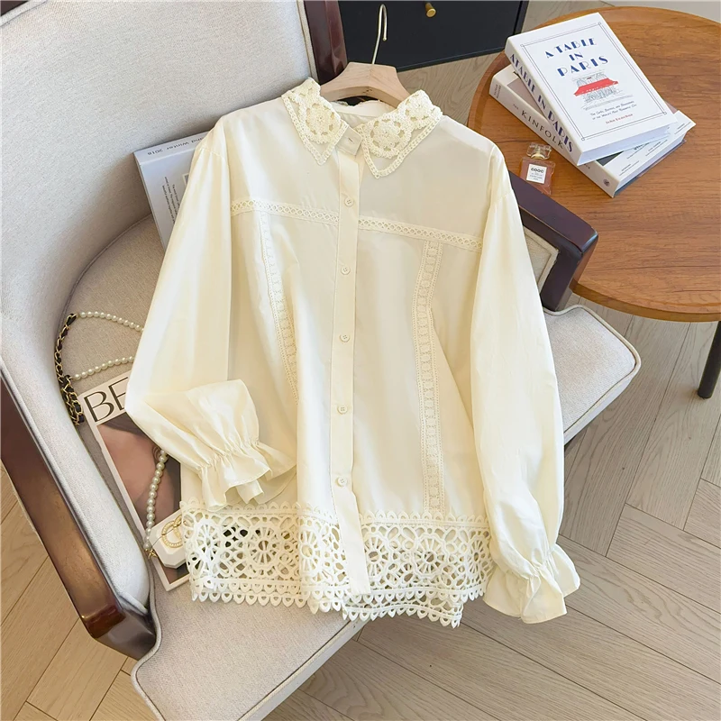 2025 Spring Summer Women's Shirts Korean Style Lace Lady Blouse Puff Sleeve Loose Plus Size Female Tops Casual Clothes Blause