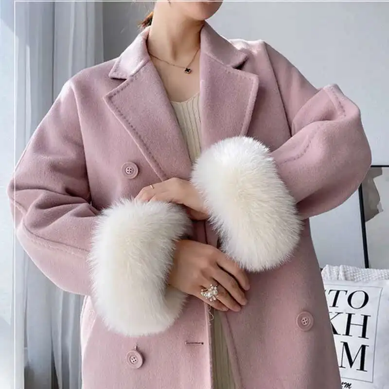 Puños de piel de zorro Natural para mujer, puños de muñeca peludos, abrigo, pulsera, guantes cálidos desmontables, mangas de piel esponjosas sólidas para mujer