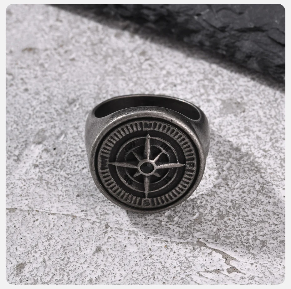 Vnox Herren-Siegelring aus Edelstahl im Antik-Look mit Kompass-Motiv, Vintage Punk Nautischer Navigationsring, Schmuck für den Alltag, Geschenk für Ihn – Detail 5