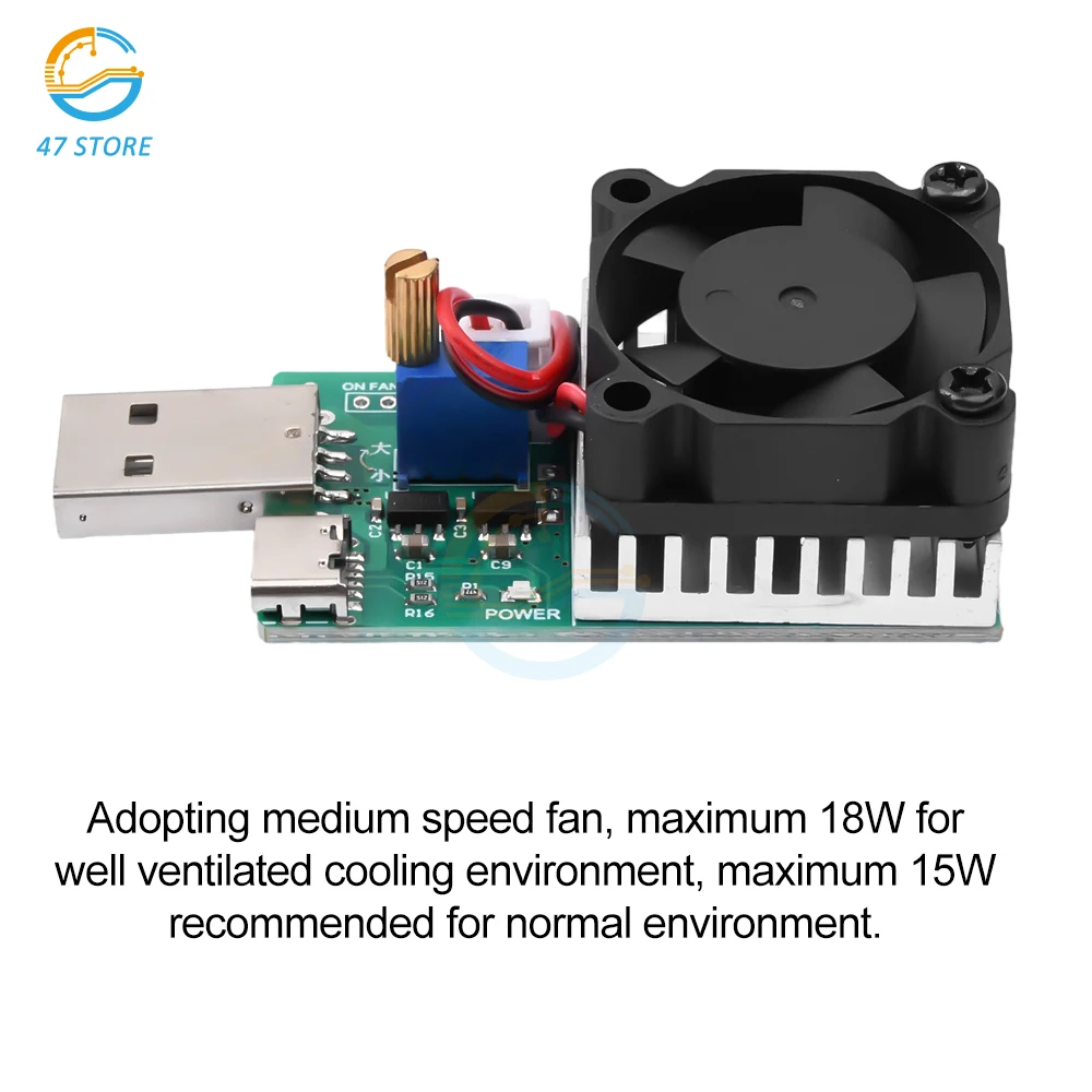 22W 18.5W Electronic Test Load Resistor USB Interface Battery Discharge Capacity Tester with Fan Adjustable Current Module