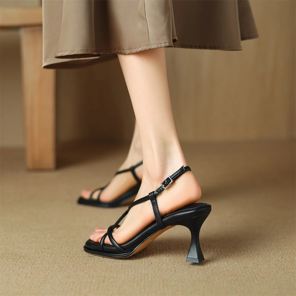 Taoffen Summer Concise Fashion Women Sandals Thin Heels Narrow Band Peep Toe Slingback Sandals Lightweight Cross-Tied Lady Shoes