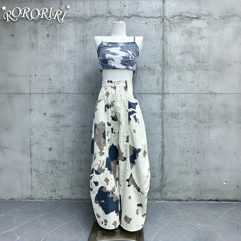 

RORORIRI Boyfriend Low Rise Denim Pants Women Summer Causal Fleece Lined Print Leopard Barrel Wide Leg Jeans Retro Streetwear