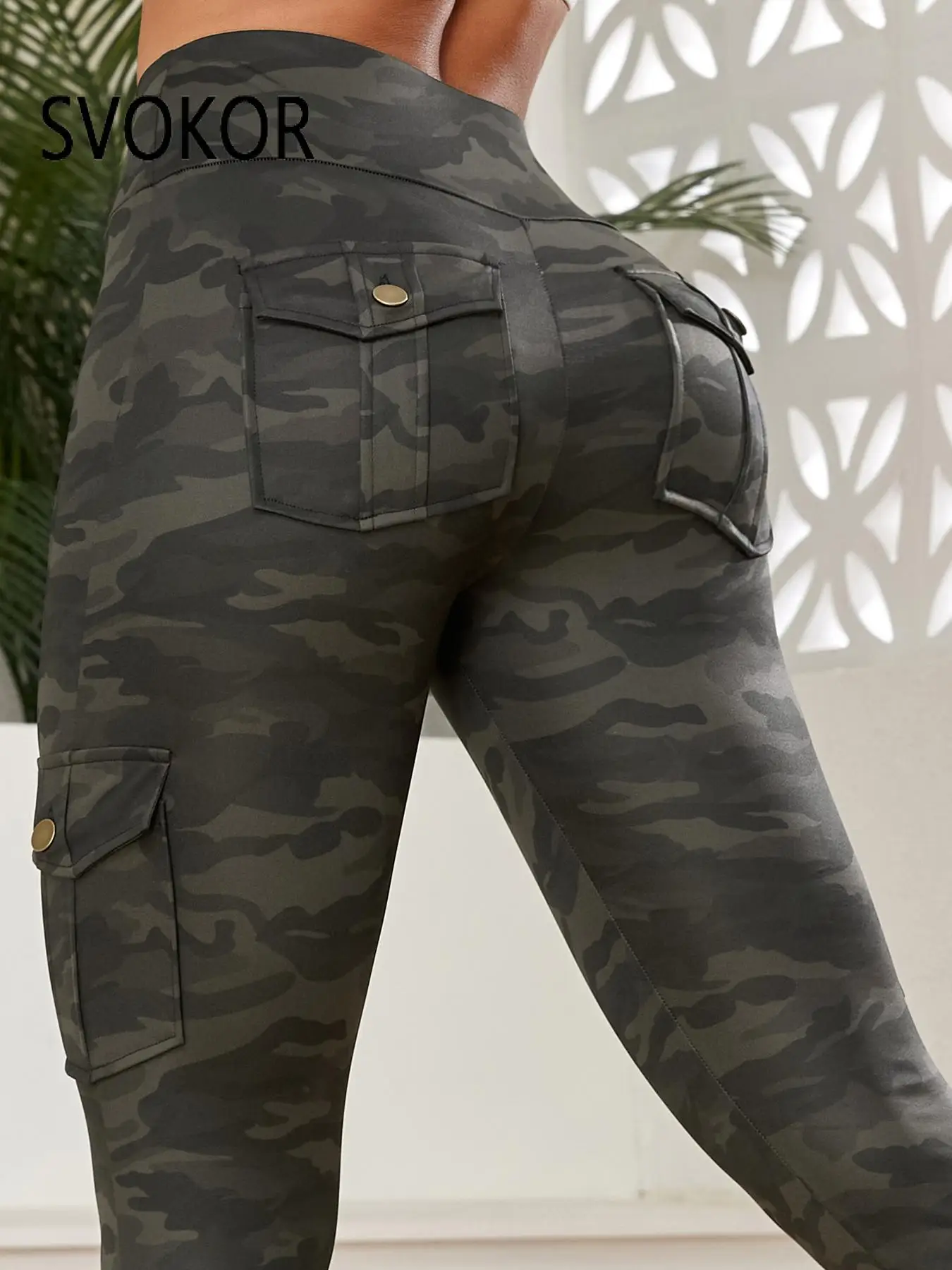 SVOKOR Camouflage Digital Print Women Legging Seamless Fitness Pants with Pocket Slim Workwear