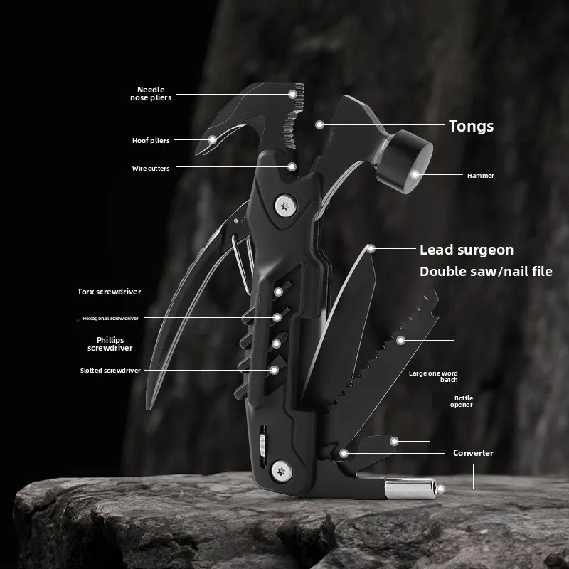 

Outdoor Camping Tactical Croissant Hammer Folding Portable Pliers Knife Combination Tool EDC Self-Defense Emergency Gear