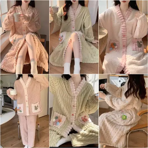 Maternity Padded Thickened Warm Pajamas Winter Long-Sleeved Nightgown Women Flannel Large Size Nursing Homewear Robe Cute Floral