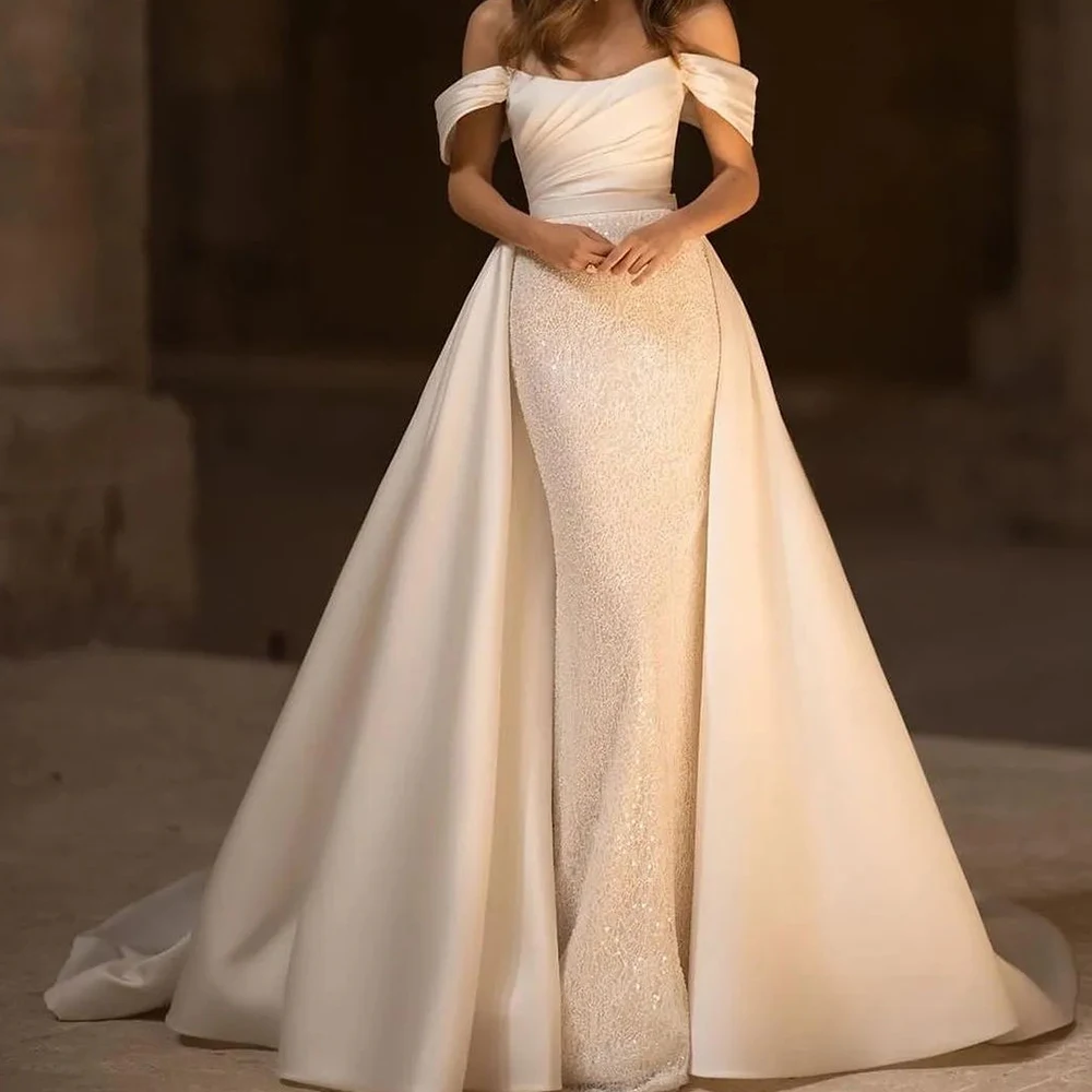 

Customized Delicate Sequined Boat Neck Floor Length A-Line Evening Dress Elegant Satin Court Train Off The Shoulder Go