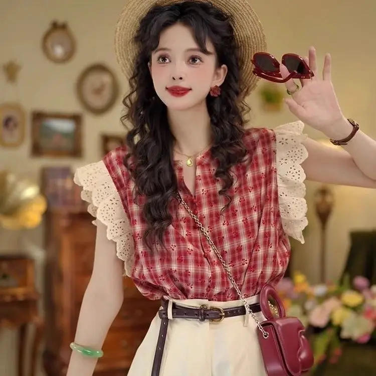 

2025 Women's Plaid Clothing,Slim Fit Short Sleeve Patchwork Blouse,Top Summer