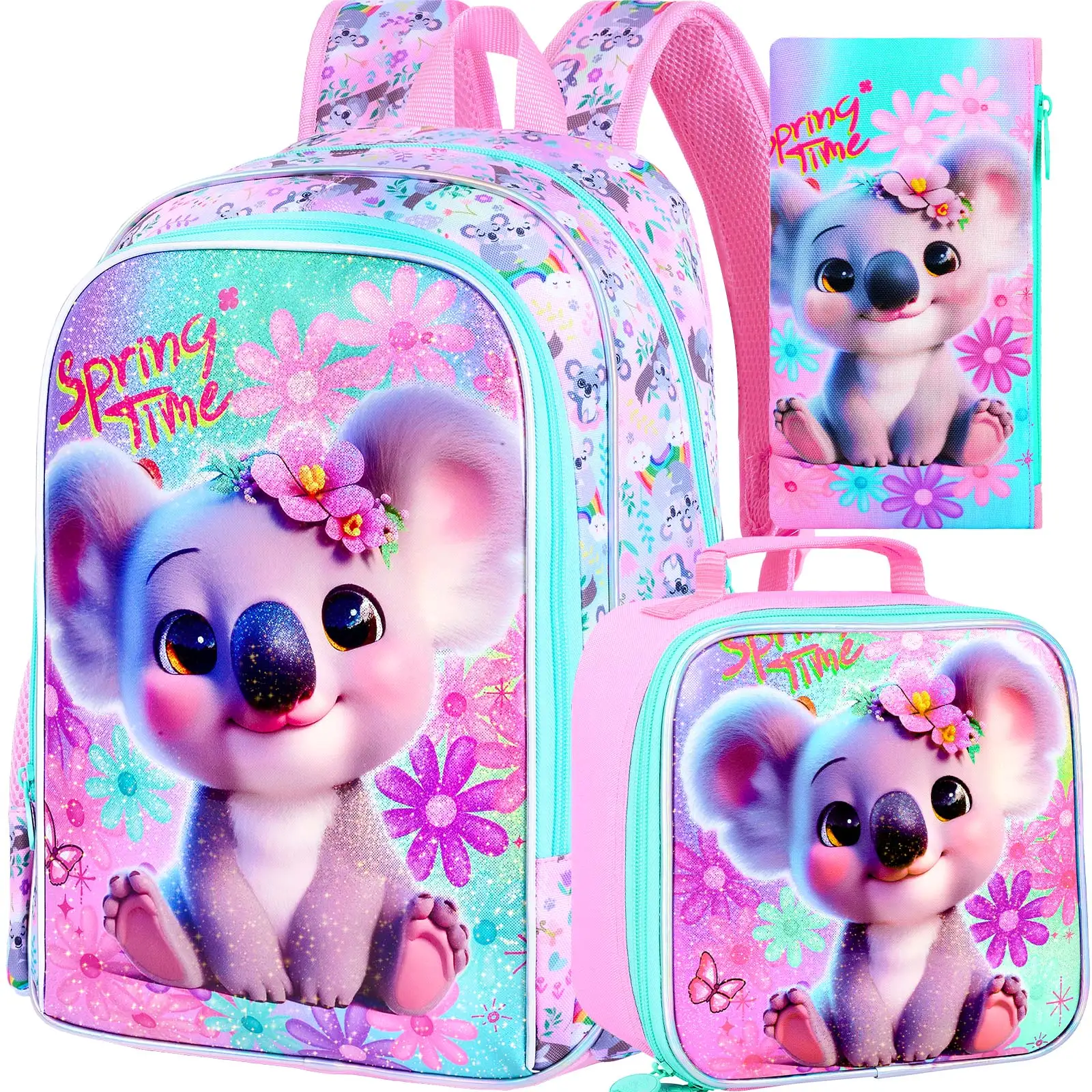 

Рюкзак с изображением коалы для девочек, 3 шт., детский рюкзак с коробкой для обеда, 16-дюймовые рюкзаки для дошкольников и начальной школы - розовый цвет коалы