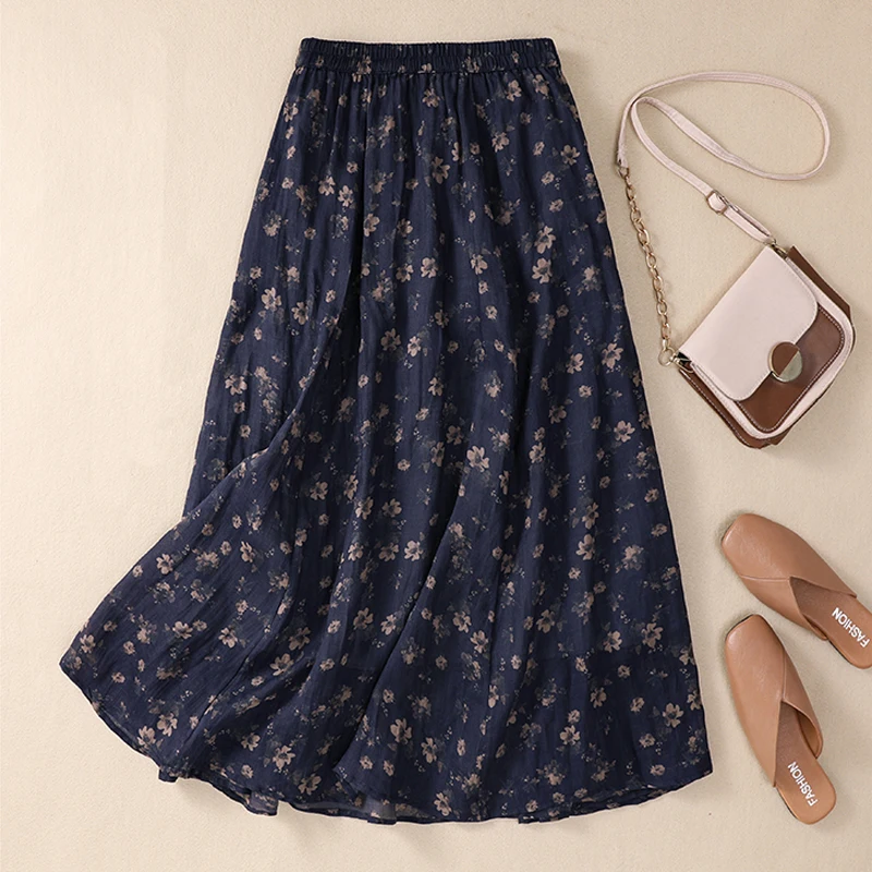 

Retro Floral Print Women Skirts 2025 New Summer High Waist Draped Office Lady Midi Skirts Female A-Line Pockets Pleated Skirts