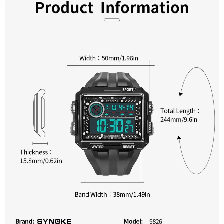 SYNOKE New Men Mountaineering Digital Watch Waterproof Shock Resist Large Screen Outdoor Running Student Fashion Watch Handsome