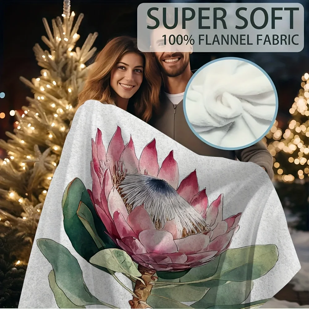 1pc Vintage Watercolor King Protea Floral Blanket - 60x80 Inch Soft & Warm All-Season Throw, Pink & Grey Botanical Print for