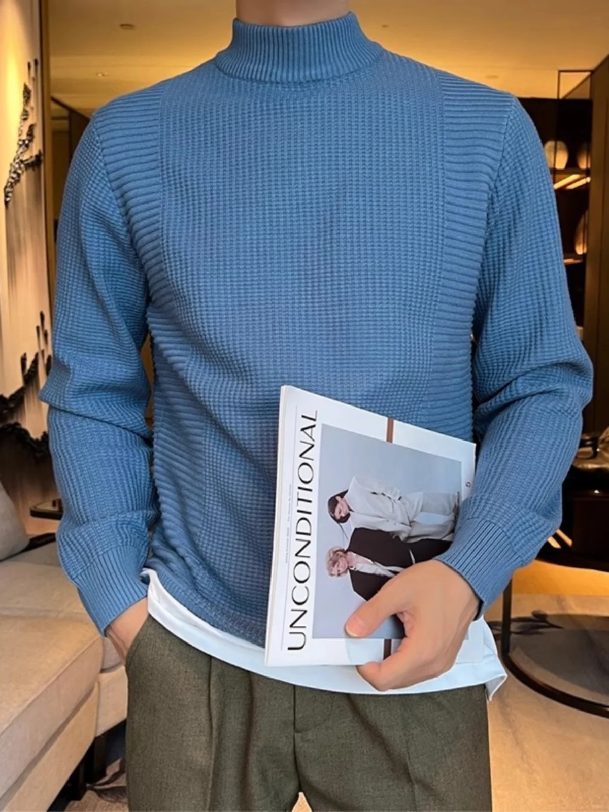 

Мужской утепленный трикотажный свитер с высоким воротником, модный базовый слой, осенне-зимняя новинка, теплая внутренняя одежда