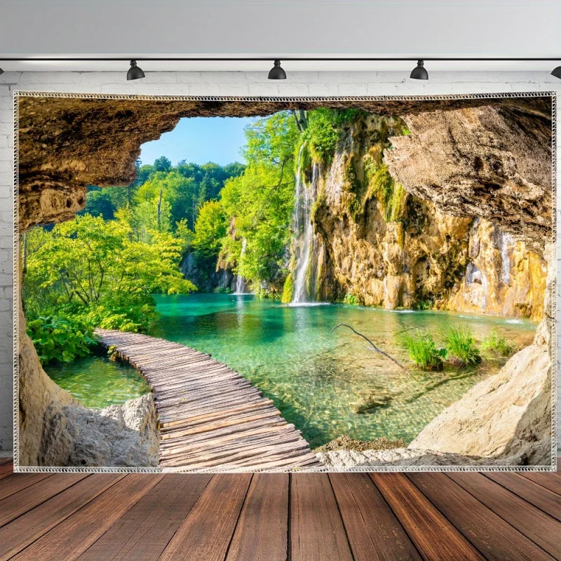 Tranquil Cave Forest Lake Landscape Tapestry Wall Hanging Polyester Fiber Decor for Living Room Bedroom Office Home