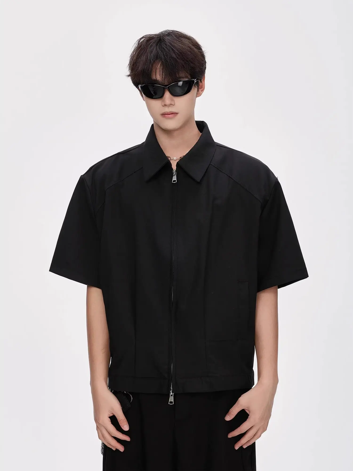 

Cleanfit Men's Short Sleeve Shirt Jacket American Style Double Zipper Breathable Summer Thin Standard Fit Flip Collar Casual