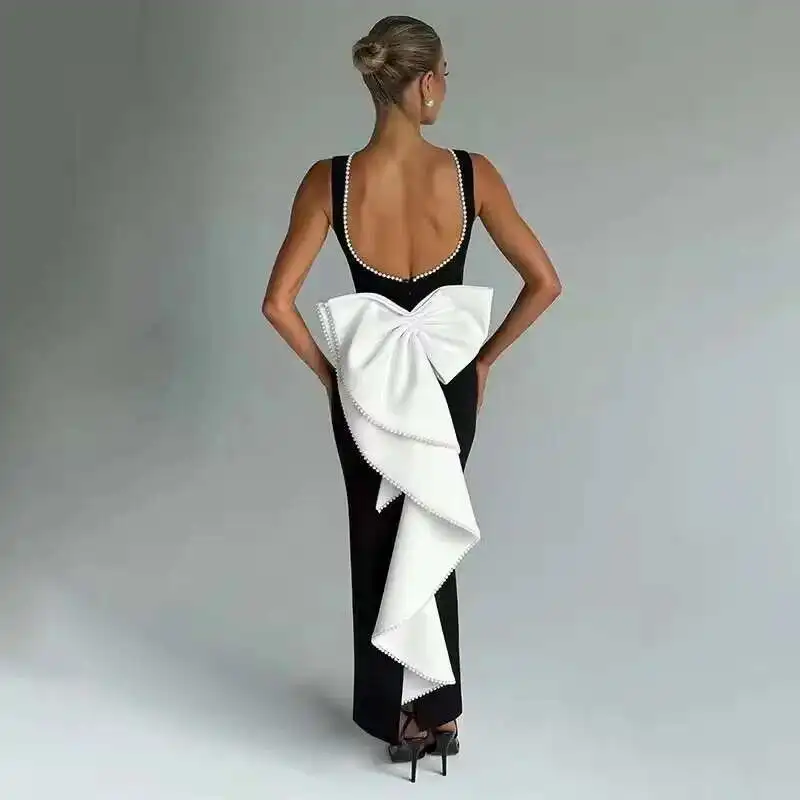 BabYoung パールリボンノースリーブバックレスセクシーなパーティー女性 2025 エレガントなサマードレスナイトクラブボディコンマキシロングドレス