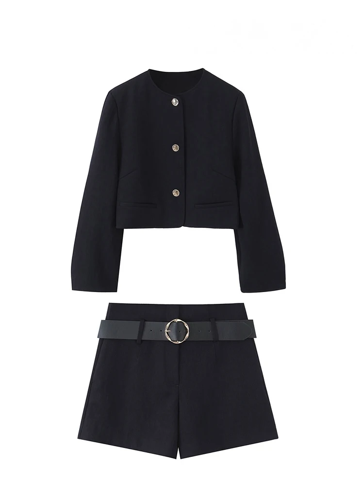 

HH Women Solid Elegant Golden Single-breasted Long Sleeve Round Collar Short Blazer+Loose Pockets Wear Belt Shorts Suit