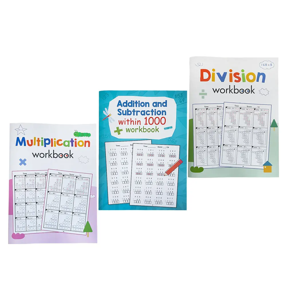 Cahier d'exercices de pratique des mathématiques, 3 pièces, problèmes de Division de Multiplication pour enfants, feuilles de travail d'apprentissage à l'école primaire, cahier d'exercices de mathématiques