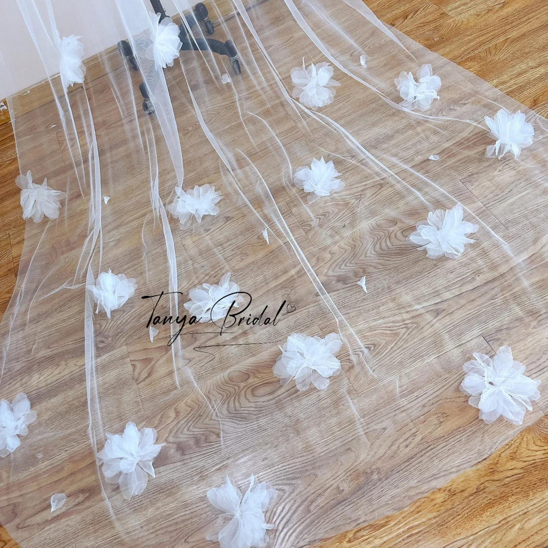 Elegant Soft Mesh Bridal Veil 2 Meters Long with Handmade Flowers Simple Bride Hair Accessory with Comb for Wedding