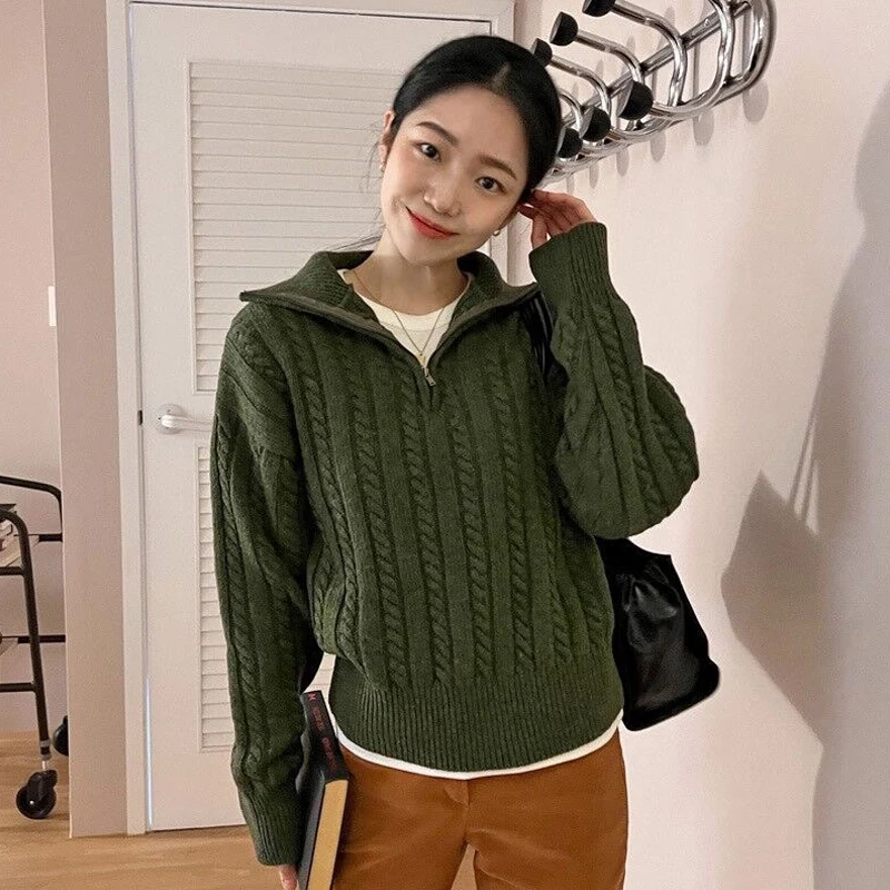 Autumn Winter Thick Knitted Top Women\'s Vintage Half Zipper Short Sweater Coat Women Knitted Loose Pullover