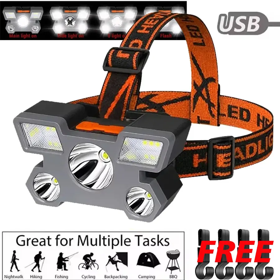 

Мощный перезаряжаемый налобный фонарь с 5 светодиодами для рыбалки, портативный налобный фонарь для кемпинга, охоты, походов, передний фонарь