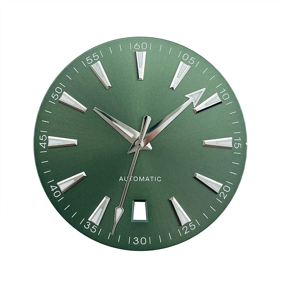 33.2mm Watch Dial Hands Parts Green Red Gray AT150 AQUA Sun Brushed for NH35A Date At 6 - Blue Lume view 3