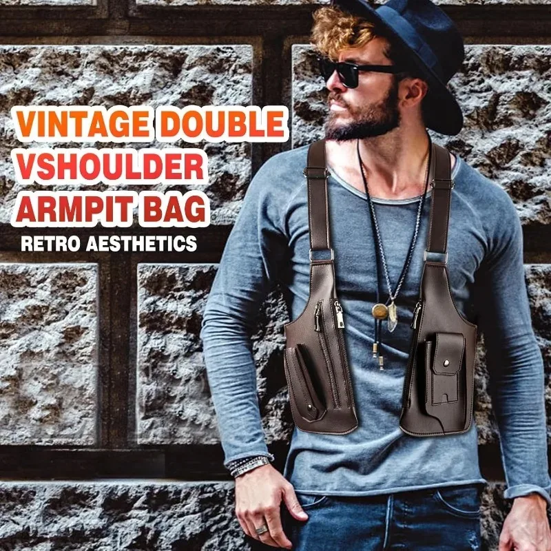 

Men’s Vintage Tactical Vest Bag High Quality PU Leather & Oxford Cloth, Chest/Underarm/Back Pack with Phone Pouch Men Bag