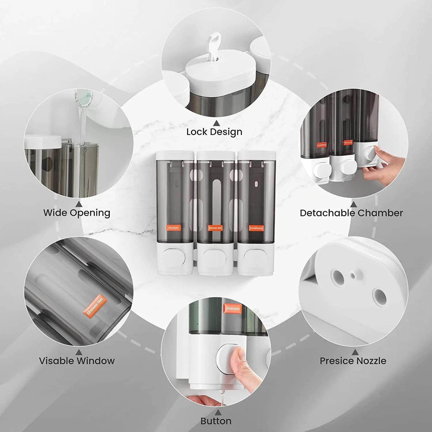 Liquid Soap Dispenser Three-Head  Shower and Lotion Dispenser Waterproof Shampoo Gel Container Wall Mount with Clear Window