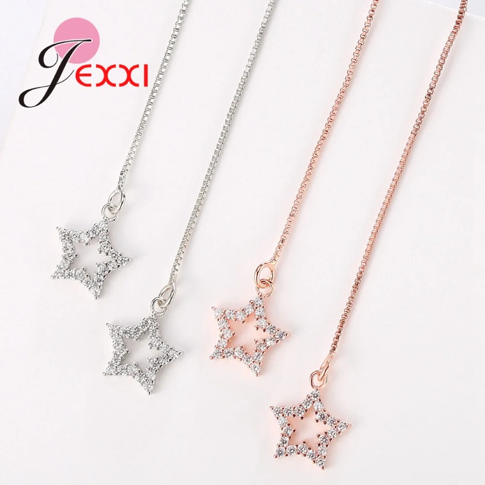 Orignial 925 Sterling Silver Women Box Chain Thread Earrings Shining Austrian Crystal Paved Heart Circle Star Jewelry 2 Colors