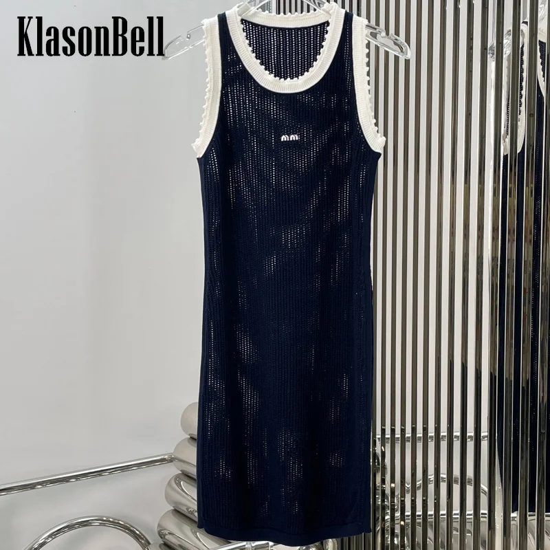 

7.5 KlasonBell Letter Contrast Color O-Neck Sleeveless Tank Mini Dress Dress Cotton Hollow Out Jacquard Breathable Knit Dress