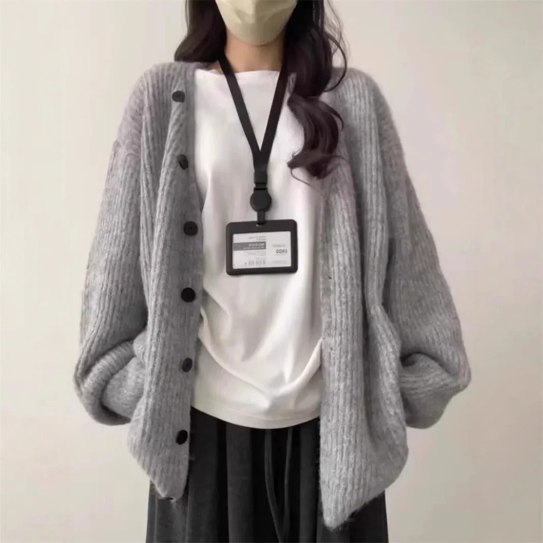 

Autumn Winter Outerwear Casual Style Pure Color V-Neck Long Ladies' Knitted Open Cardigan Single Button Loose Fit Fashionable